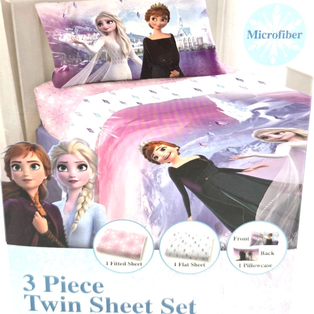 Disney Frozen II Twin Sheet Set Anna &‎ Elsa Microfiber Bed Sheets, Pink Purple